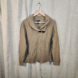 Karen Scott Pullover Knit Sweater Women's XL Beige Shawl Collar Ribbed Leather